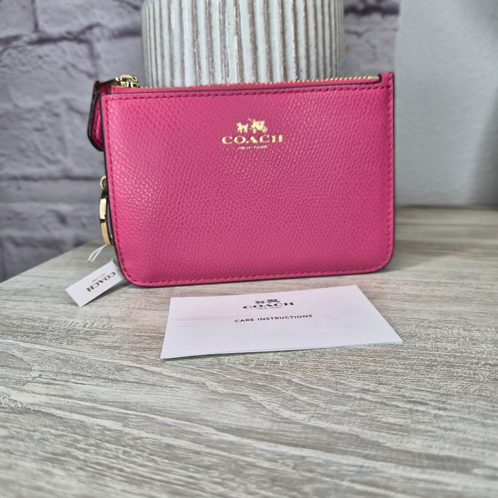 NWT COACH F64064 Mini Skinny ID Case Wallet Dahlia Pink Leather Card Pouch Clip